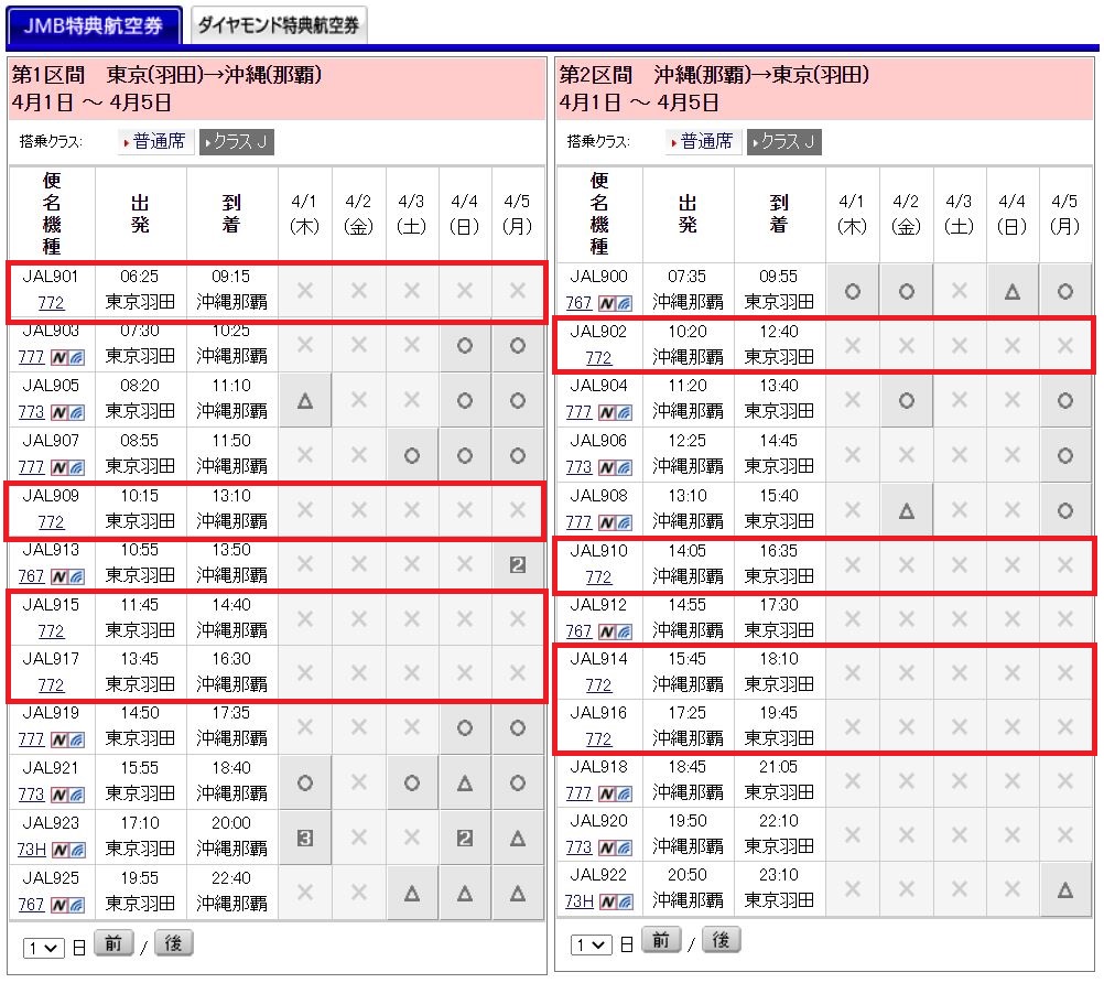 JAL羽田那覇空席状況